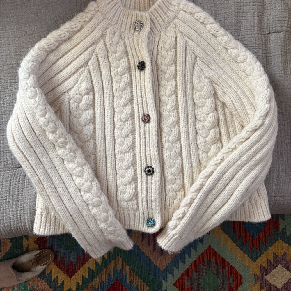 GANNI Cable Knit Sweater - Cream with diamanté buttons size XL